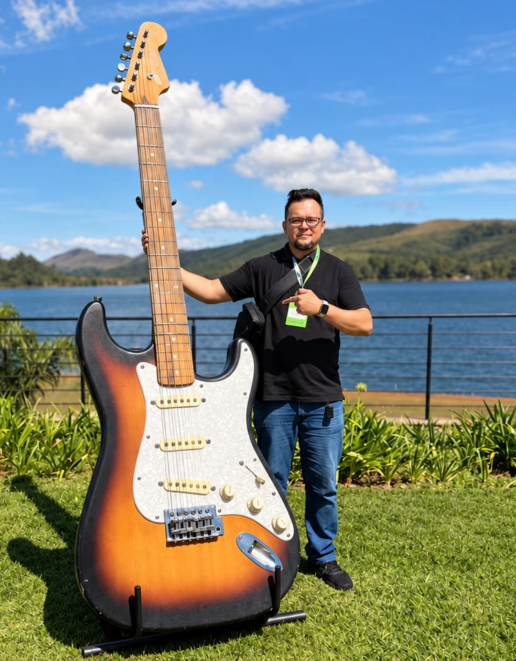 Igão ao lado de uma guitarra Stratocaster gigante, na beira de um lago